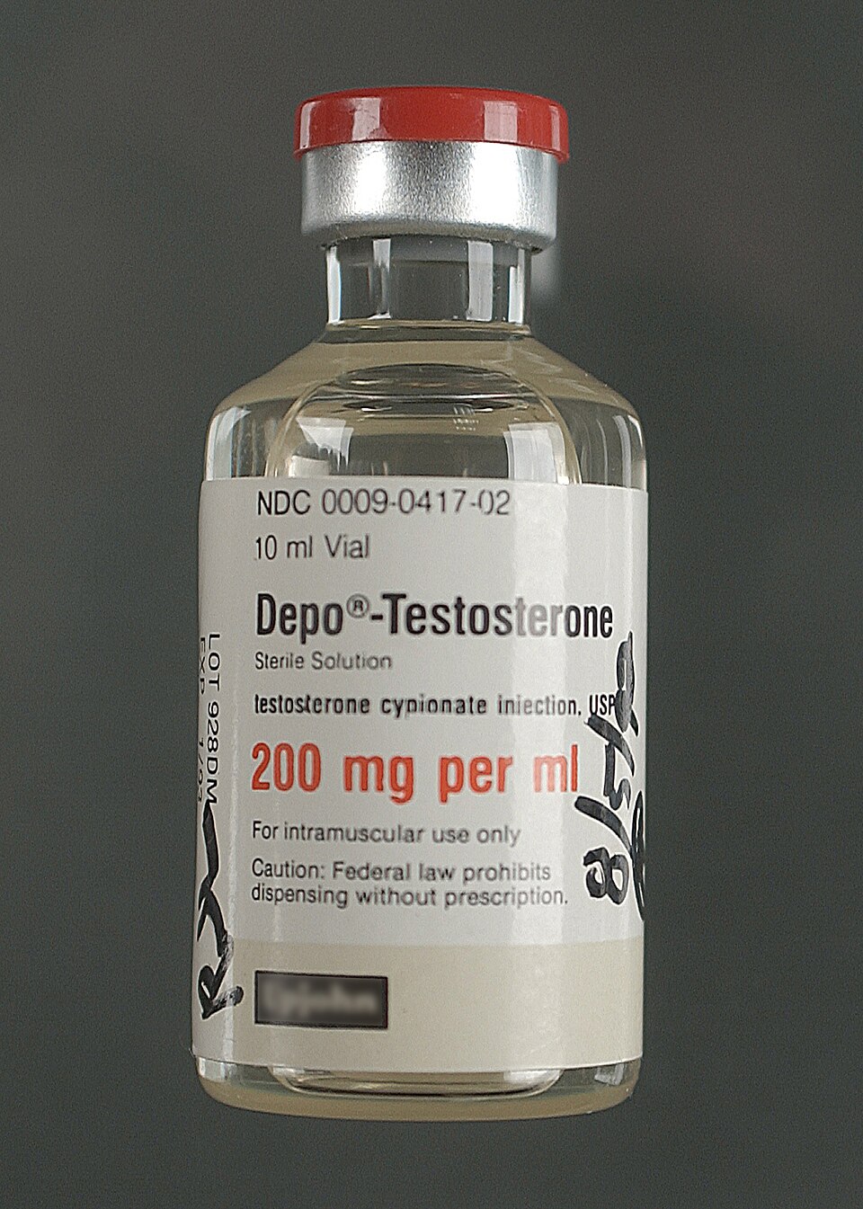 A 10 mL vial of Depo-Testosterone, testosterone cypionate injection 200 mg per mL, with a red flip-off cap