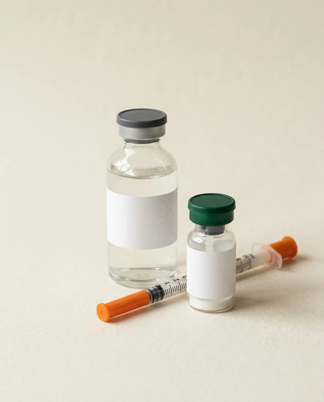 A reconstitution kit: a 30 mL bacteriostatic water vial, a 3 mL lyophilized peptide vial with a green cap, and a U-100 insulin syringe on cream paper (illustrative render)