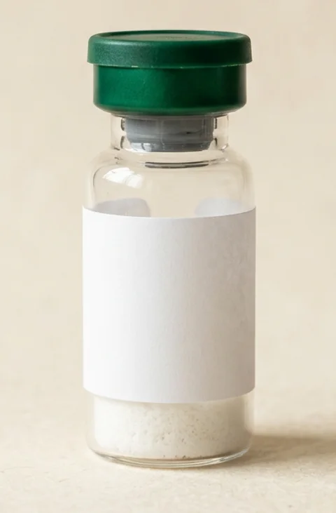 GHK-Cu as it ships: a 3 mL glass vial with a green flip-off cap and white lyophilized powder at the bottom (illustrative render, not a vendor product)