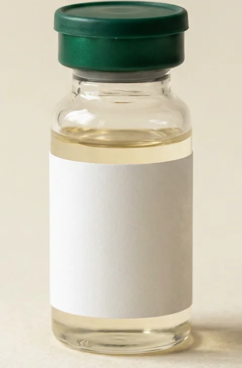 Testosterone propionate as it ships: a 10 mL glass multi-dose vial of pale golden oil with a green flip-off cap (illustrative render, not a vendor product)