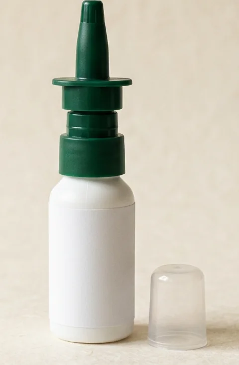 Selank as it ships: a white nasal spray bottle with a green pump actuator (illustrative render, not a vendor product)